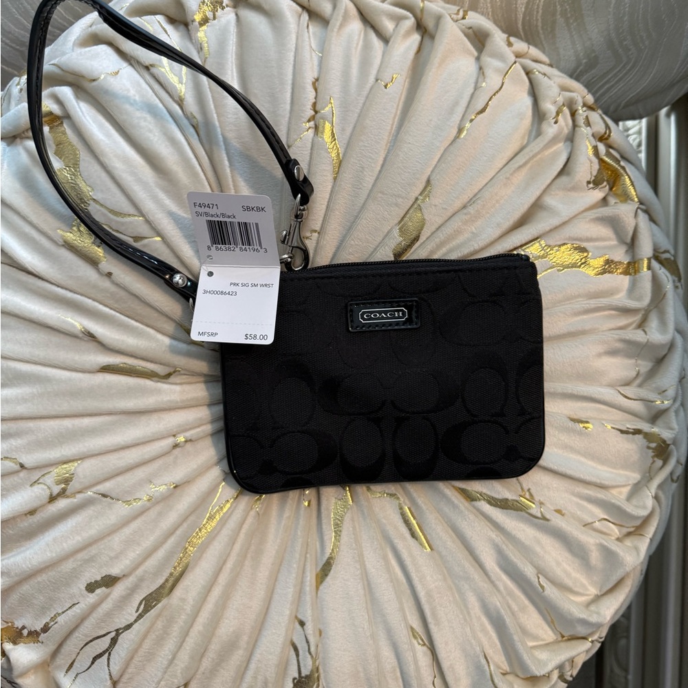 Coach Black Signature Wristlet Pouch with Leather Strap